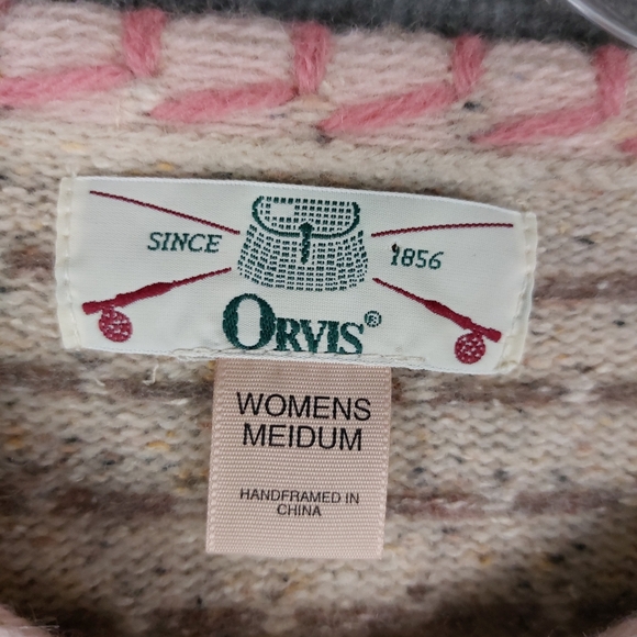 ORVIS WOMENS VTG CREAM PINK 3D FLORAL LONG SLEEVE LAMBSWOOL SILK CARDIGAN SZ M - Picture 2 of 7